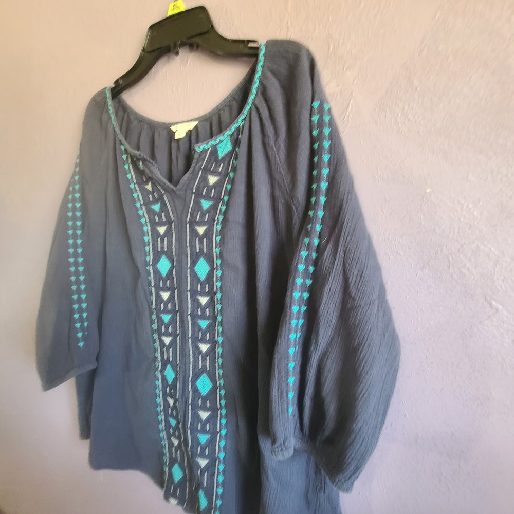 Sonoma Peasant Blouse Womens L Navy Blu Embroidered Crinkle Gauze 3/4 Sleeve Top - Picture 3 of 7